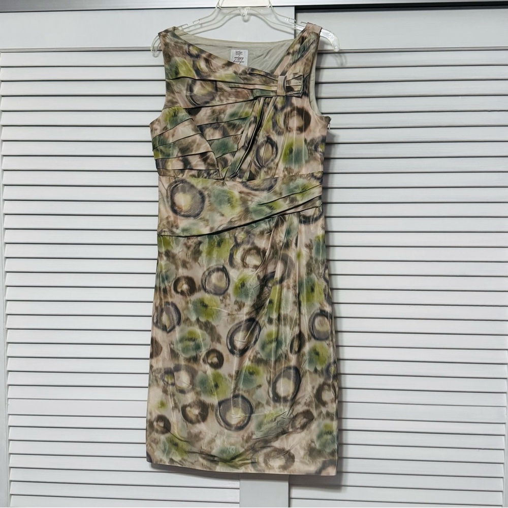 Suzi Chin Asymmetrical neckline sleeveless Dress Green Blue Grey pattern size 12